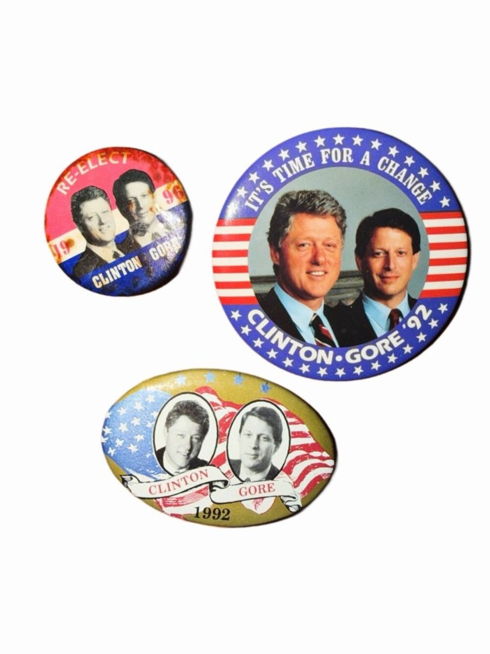 Clinton and Gore Vintage Political Pinback Buttons Set of 3